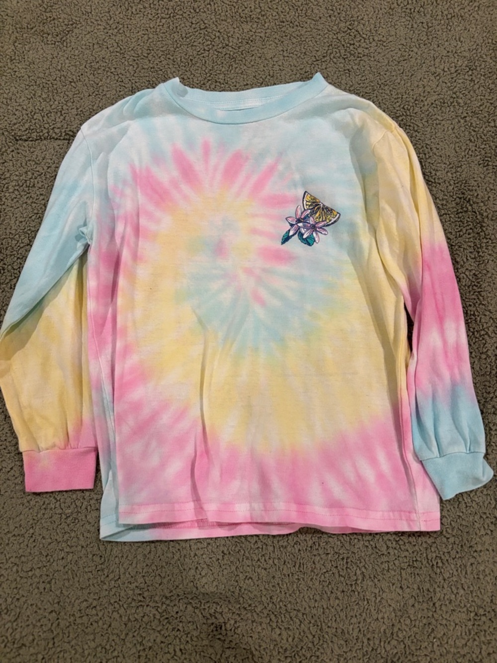 Kids Long-Sleeve Tie-Dye Tee with Floral Butterfly Accent